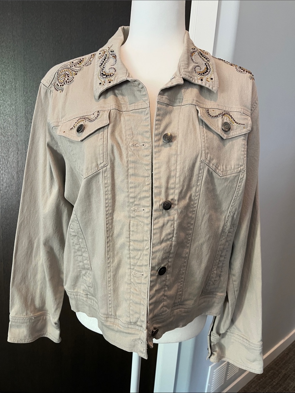 Las Olas Embellished Light Khaki Jean Jacket - Large